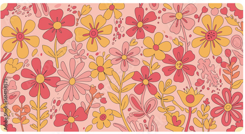 Retro Floral Pattern with Pink and Yellow Flowers on Peach Background