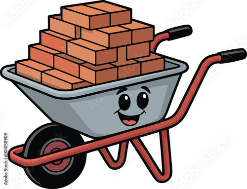 Cartoon Wheelbarrow Full of Bricks with a Smiling Face on Transparent Background Vector Art
