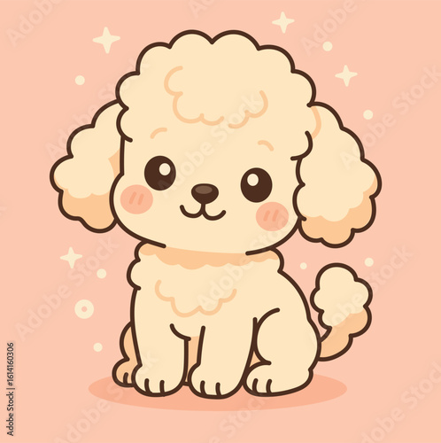 A cute cartoon poodle in a kawaii style with curly hair and rosy cheeks, sitting on a pink pastel background with sequins, creates a charming pet character and animal illustration concept.