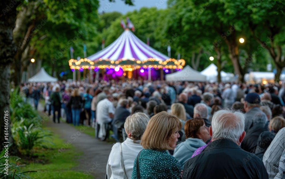 Fototapeta premium A vibrant crowd lines up in a park, eagerly awaiting their turn on a colorful carousel adorned with lights. The lively atmosphere reflects a joyful celebration, surrounded by greenery