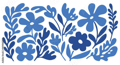 Blue Floral Pattern with Bold Shapes on White Background