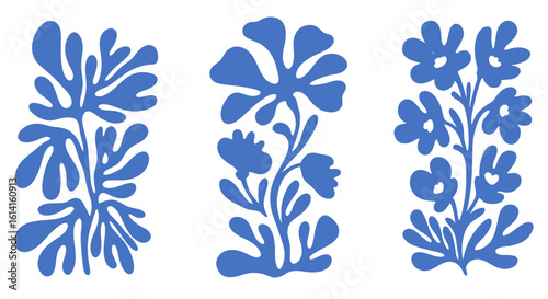 Blue Floral Seamless Pattern with Matisse Inspired Cutouts on White Background