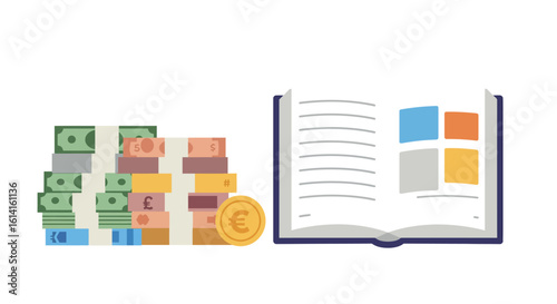 Flat design: financial literacy with currency and open book