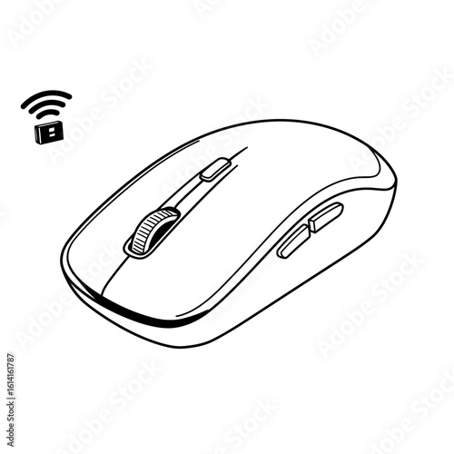 Wireless Mouse Black and White Line Art Illustration with Receiver