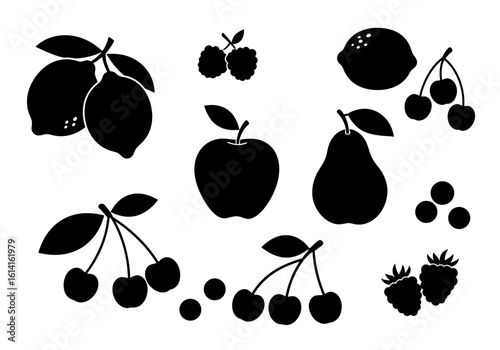 Black and White Fruit Silhouette Pattern with Lemon Apple Pear and Cherries