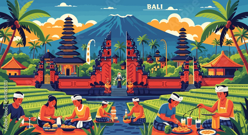flat style picturesque illustration of the serene Bali cityscape featuring traditional temples and rice paddies, with Mount Agung in the background, showcasing its vibrant culture