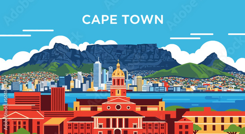 flat style picturesque illustration of the vibrant Cape Town cityscape featuring Table Mountain, skyscrapers, and a bustling waterfront with boats