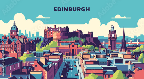 Adobe Illustrator Artwork 
flat style picturesque illustration of the historic Edinburgh cityscape featuring the iconic Edinburgh Castle perched on a hill, surrounded by charming old town buildings