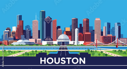 Adobe Illustrator Artwork flat style picturesque illustration of the modern Houston cityscape featuring its prominent skyscrapers, Space Center Houston, and a bridge over the waterway