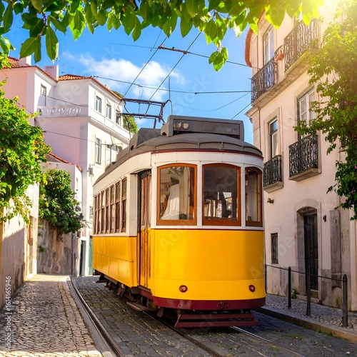 Sunny European tram in a charming street