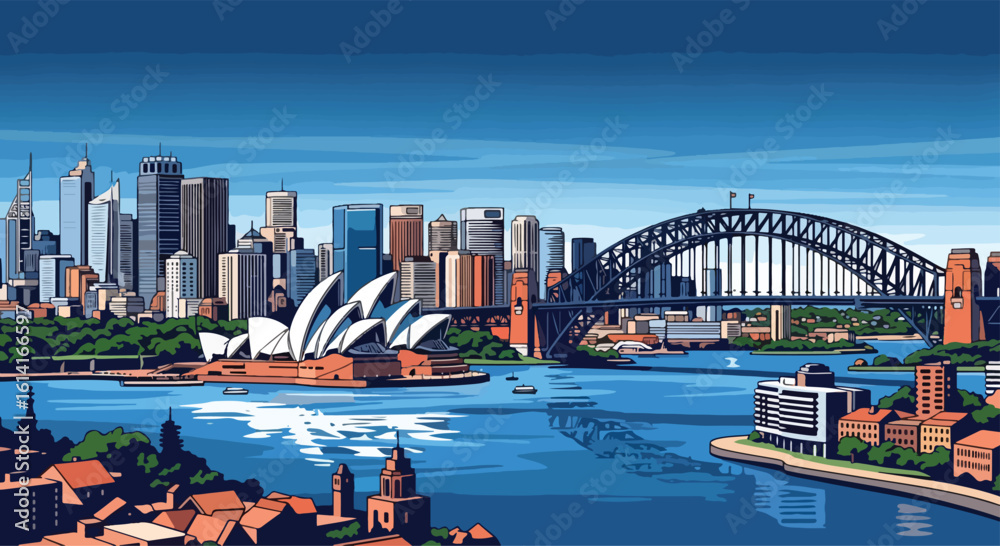 Obraz premium Adobe Illustrator Artwork flat style picturesque illustration of the stunning Sydney cityscape featuring the iconic Opera House and Harbour Bridge against a bright blue sky and water