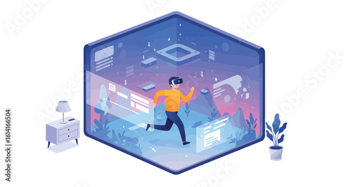 Immersive virtual reality experience in futuristic room with vr headset