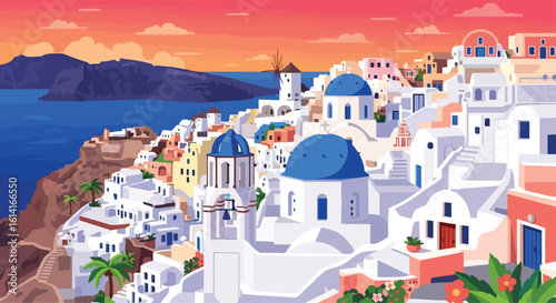 Adobe Illustrator Artwork flat style picturesque illustration of the breathtaking Santorini cityscape with its iconic white buildings and blue-domed churches overlooking the Aegean Sea