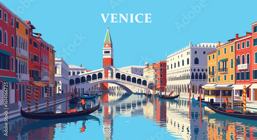 Adobe Illustrator Artwork flat style picturesque illustration of the charming Venice cityscape with the Rialto Bridge over a bustling canal filled with gondolas and walking pedestrians