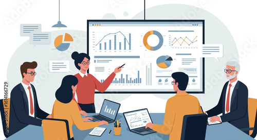 Business team analyzing data charts in modern office meeting