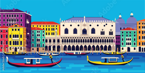 Adobe Illustrator Artwork flat style picturesque illustration of the charming Venice cityscape with the Rialto Bridge over a bustling canal filled with gondolas and walking pedestrians