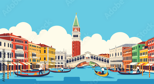 Adobe Illustrator Artwork flat style picturesque illustration of the charming Venice cityscape with the Rialto Bridge over a bustling canal filled with gondolas and walking pedestrians