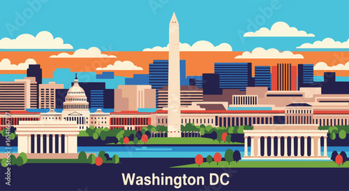 flat style picturesque illustration of the iconic Washington D.C. cityscape with prominent landmarks like the Capitol Building and Washington Monument, perfect for travel and tourism