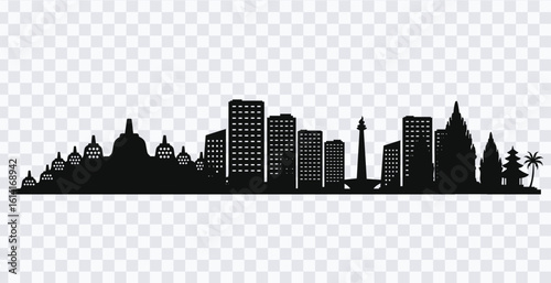 Indonesia Landmark Iconic Silhouette Buildings, Monas, and Temple Set.