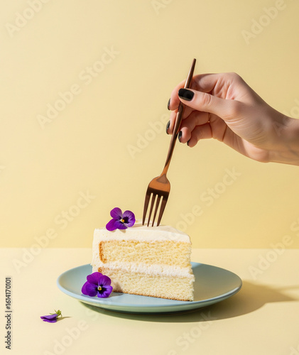 Hand with Rose Gold Fork Eating Vanilla Cake Slice with Pansies