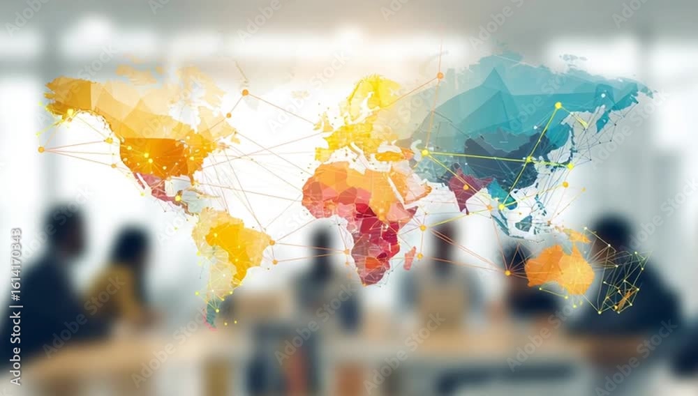 A global map with connecting lines between different countries, indicating the reach of digital marketing in various regions and nationalities, set against an office background Generative AI