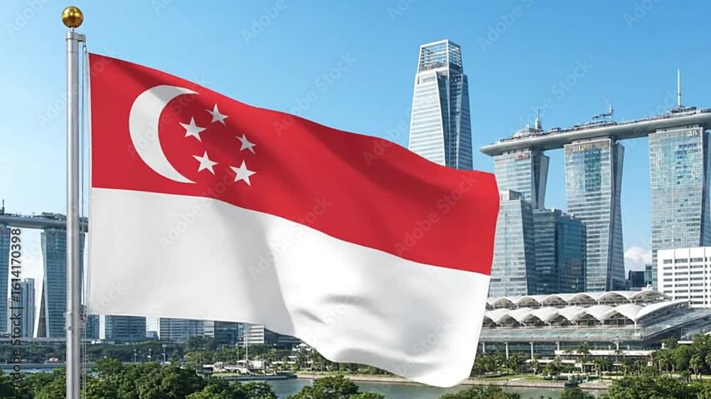 Singapores flag flies against a backdrop of modern skyscrapers and clear blue sky