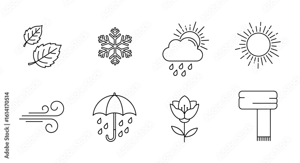 Fototapeta premium Illustration depicting seasons and weather elements including leaves snowflake sun and rain cloud
