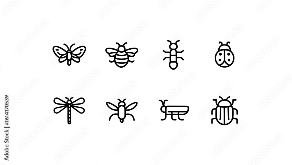 Fototapeta premium Collection of eight insect icons including butterfly bee ant ladybug dragonfly mosquito and beetles icon set