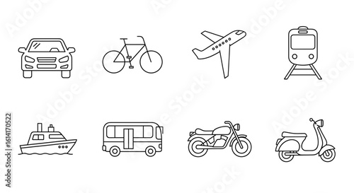 Collection of outlined transport vehicles including car bicycle airplane train ship bus motorcycle and scooter