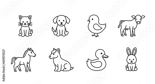 Collection of eight cartoon animal illustrations including cat dog chick calf horse pony duck rabbit