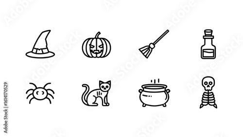 Assortment of halloween themed icons including a witch hat pumpkin and potion bottle in a row of eight