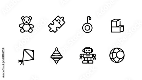Collection of eight outlined toys including a teddy bear puzzle yo yo blocks kite top robot and ball