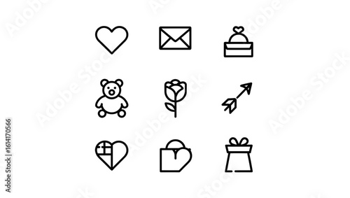Collection of nine outline icons including heart, envelope, teddy bear, rose, and gift box arranged neatly