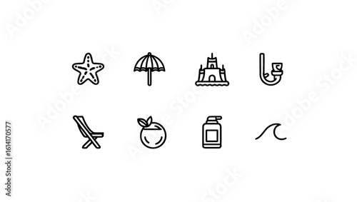 Collection of summer vacation icons including starfish, umbrella, and snorkeling gear elements design