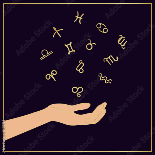 Hand against the background of the night sky, tosses 12 zodiac signs, zodiac, astrology
