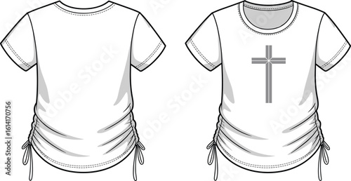 Women's t-shirt front view, back view, cross graphic, sleeve text, side ruching, fashion template, cad drawing flat vector illustration