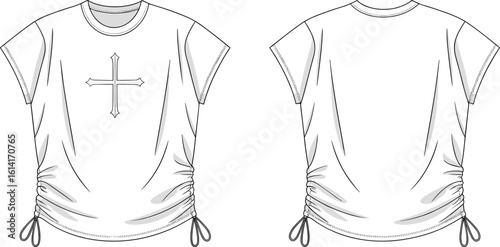 Women's t-shirt front view, back view, cross graphic, sleeve text, side ruching, fashion sketch, cad drawing flat vector illustration