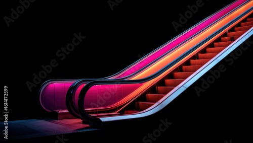 Ascending escalator steps glow with vibrant pink, orange, and red hues against a dark backdrop