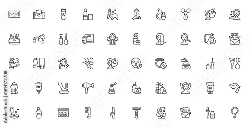 Beauty icon set. Minimalist vector illustrations. Includes eyelashes, lipstick, manicure, facial, shampoo, makeup, spa, perfume, razor, serum and more. Editable stroke.