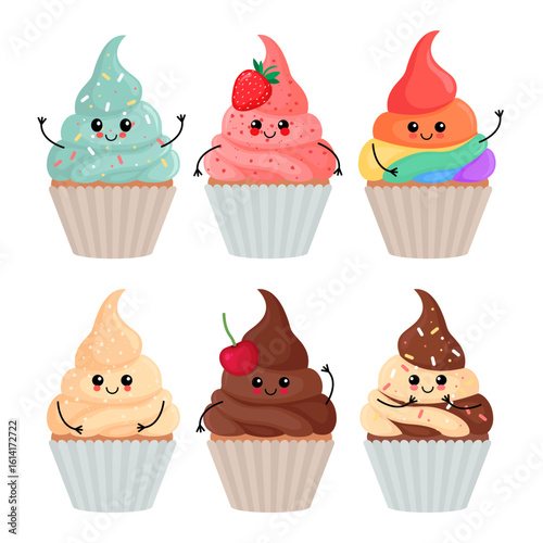 Cute set of smiling cartoon cupcakes with colorful frosting, hands, and happy faces. Fun dessert characters on white background