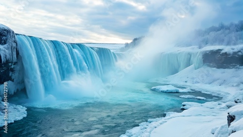 A glacial waterfall pouring down shimmering blue ice, surrounded by frozen spray clouds