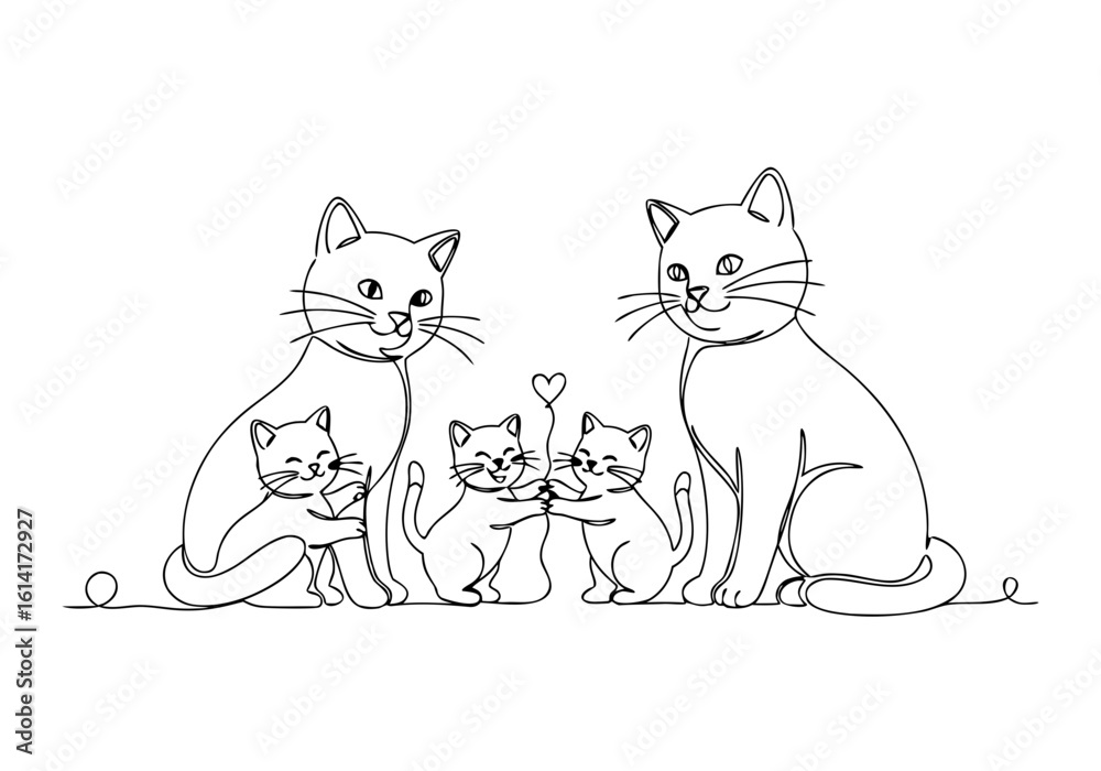 Fototapeta premium Outline drawing of two adult cats with three playful kittens 