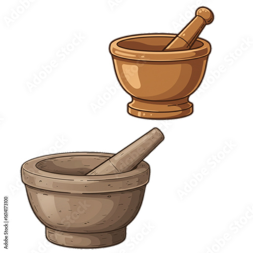 Two traditional stone and wood mortars with pestles for grinding herbs and spices, essential kitchen tools