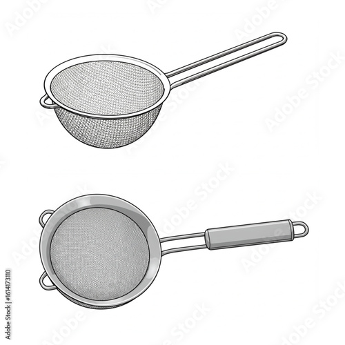 Two stainless steel kitchen strainers with handles sit side by side, ready for culinary tasks.
