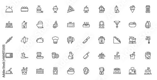 Gastronomy icon set. Food vector collection. Minimalist culinary icons pack. Includes food tray, dim sum, pizza, chef hat, oven, wine, cake, steak and more. Editable stroke.