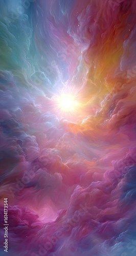 Colorful celestial cloudscape, ethereal light, cosmic scene, spiritual, fantasy art, background, design
