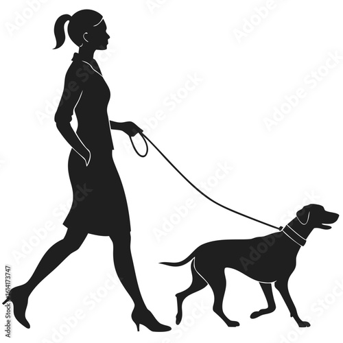 Woman walking dog on leash in silhouette design  