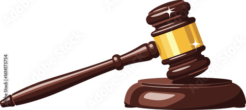 Illustration of a brown wooden gavel with a gold band resting on its matching sound block
