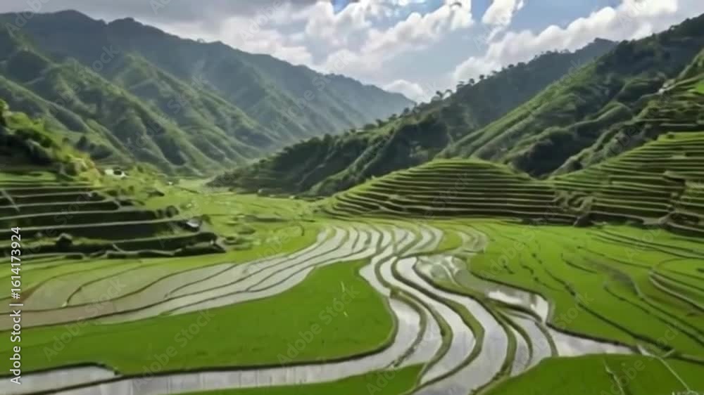 Breathtaking terraced rice paddies cascade down lush green mountains, showcasing stunning agricultural landscape with serene reflective water