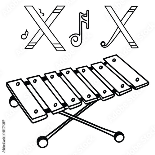 Colorful xylophone positioned across the letter x with musical notes